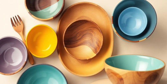 Stylish wooden enamel bowls with vibrant colors on display.