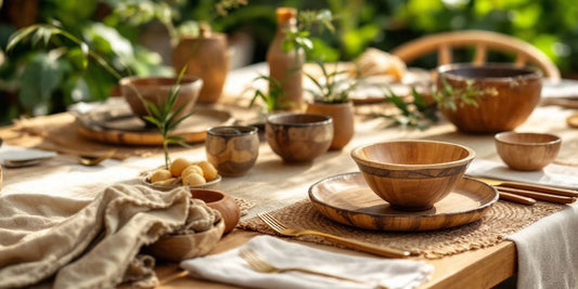 Rustic table setting with palm leaf products and warm tones.