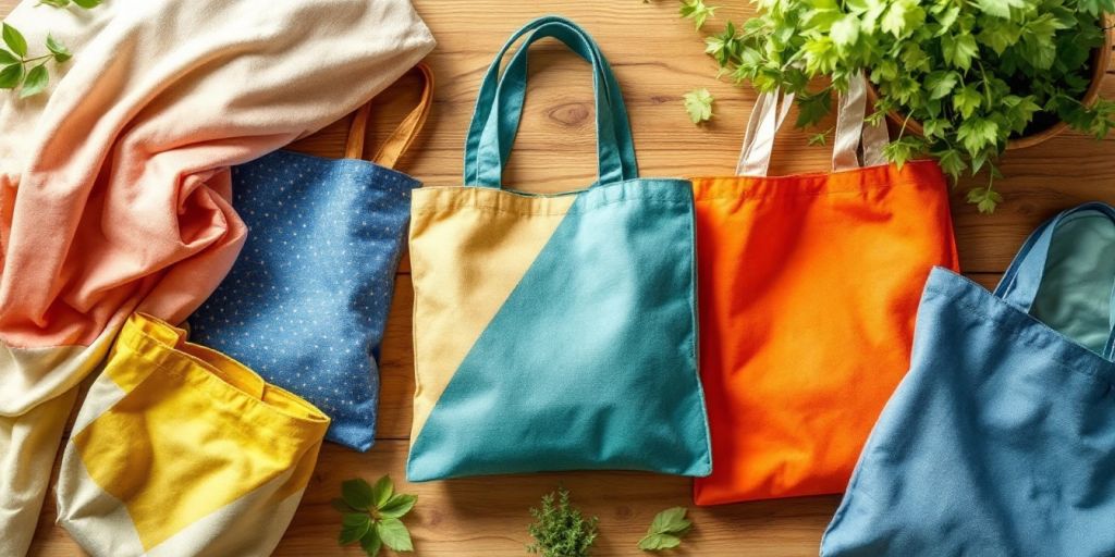 Colorful eco-friendly bags on a wooden surface.