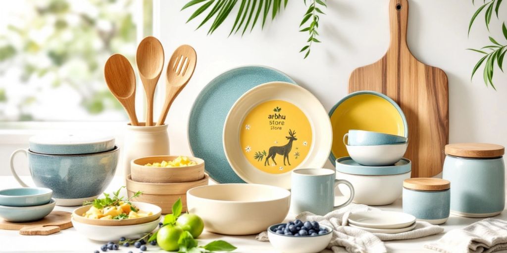 Eco-friendly kitchenware including bamboo utensils and ceramic dishes.