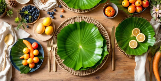 Palm leaf plates with fruits on a dining table.