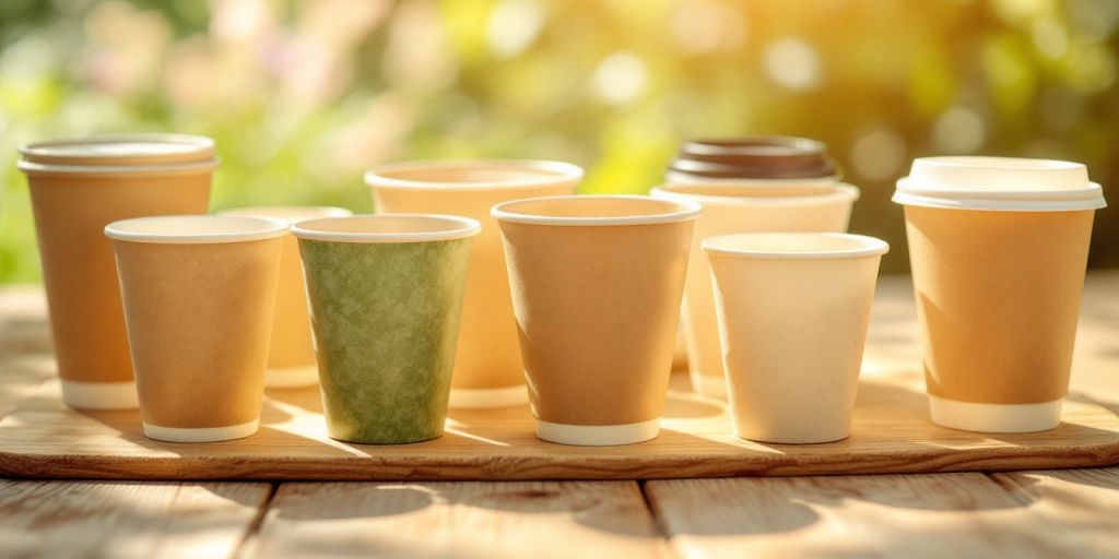 Biodegradable cups displayed on a wooden surface.