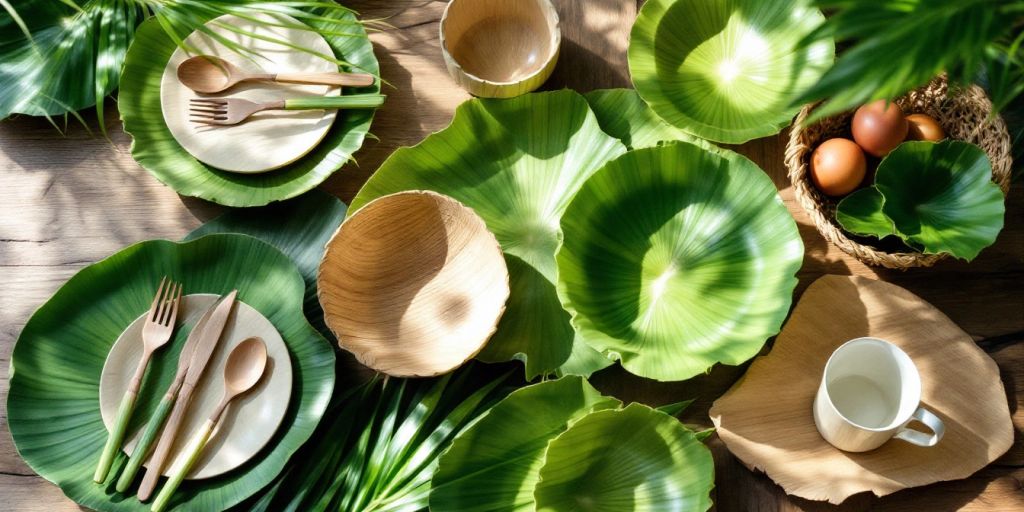 Assorted palm leaf dining products on a wooden table.