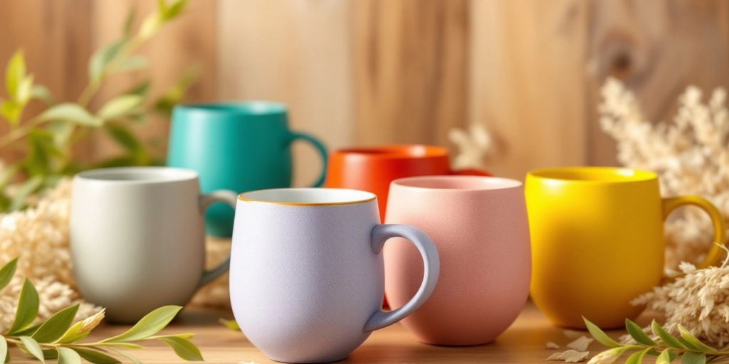 Colorful eco-friendly rice husk mugs on wooden background.