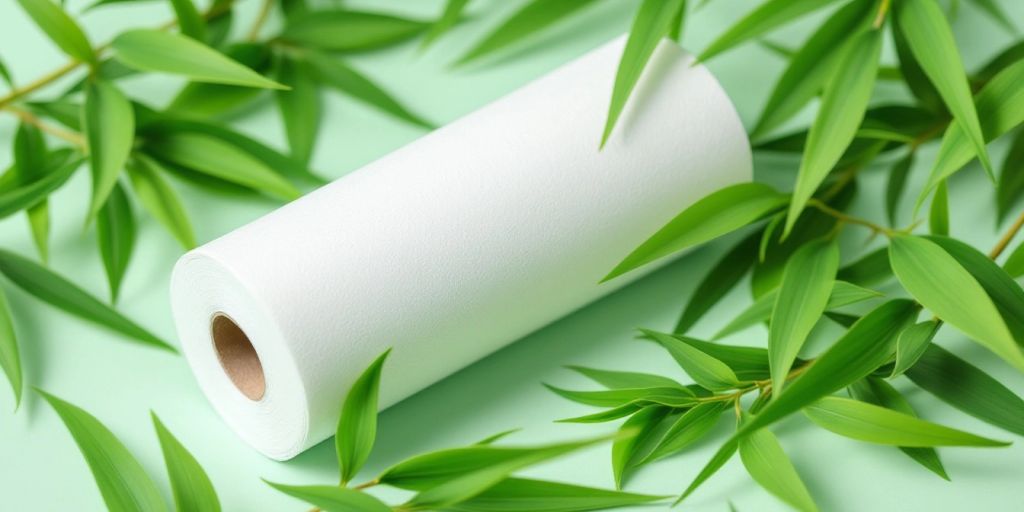 Bamboo tissue paper roll with green bamboo leaves.