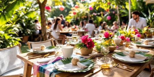 Outdoor party with palm leaf tableware and tropical decor.