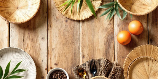 Eco-friendly palm leaf products on a wooden table.