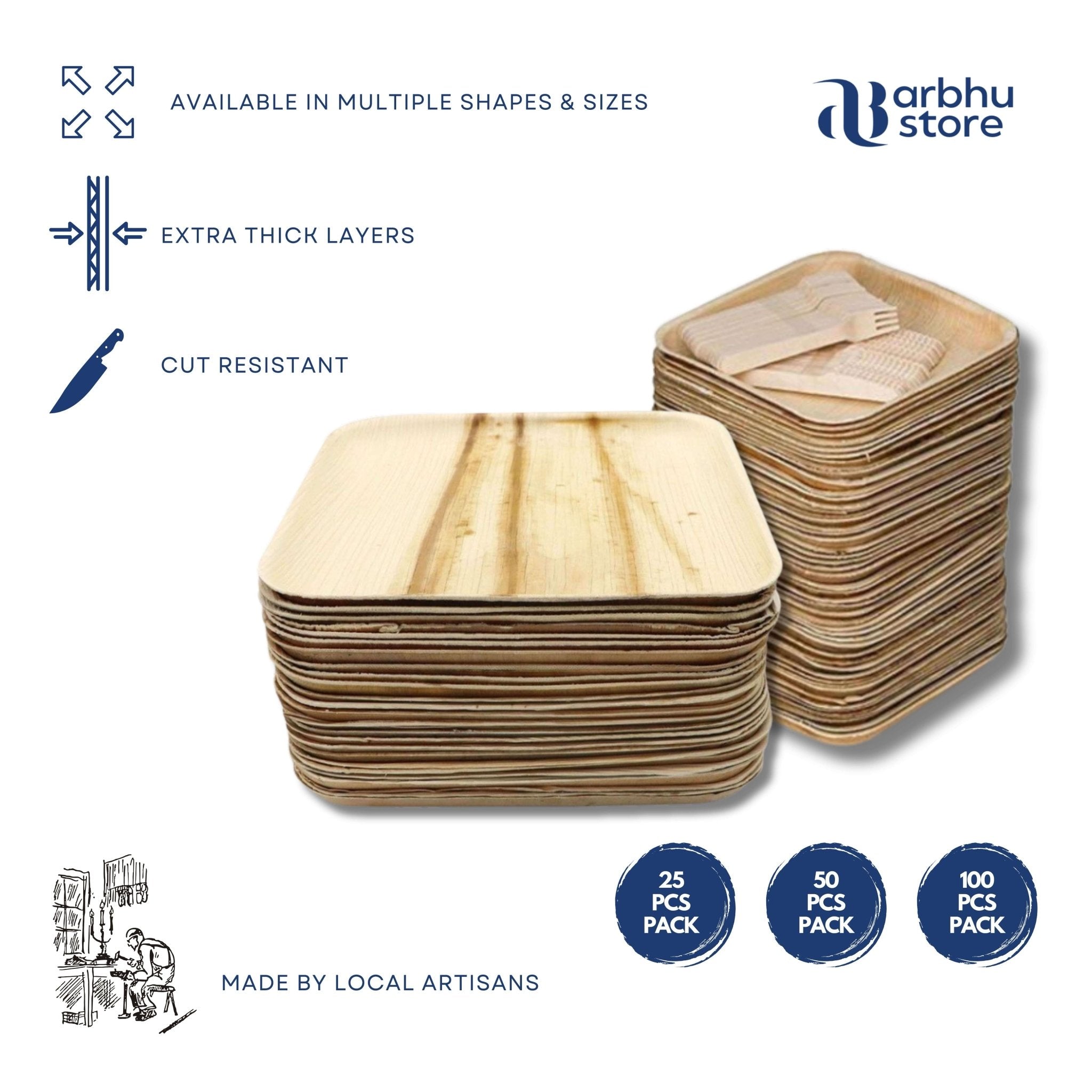 Arbhu Disposable 10 Inch Palm Leaf Square Plates - arbhustore